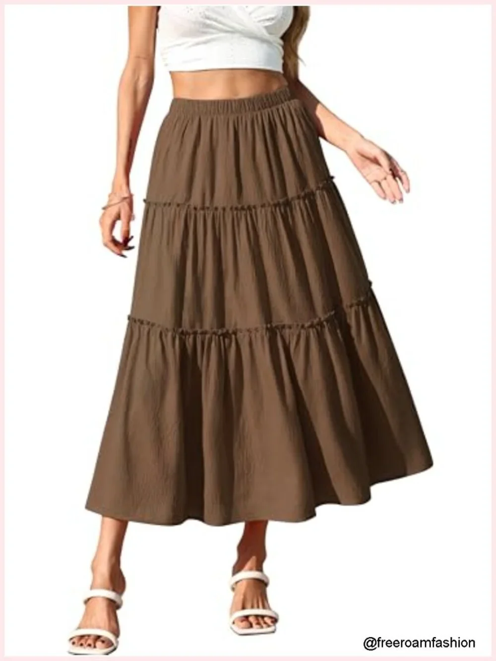 Bohe Midi Skirt Elastic High Waist A-Line Flowy Ruffle Casual